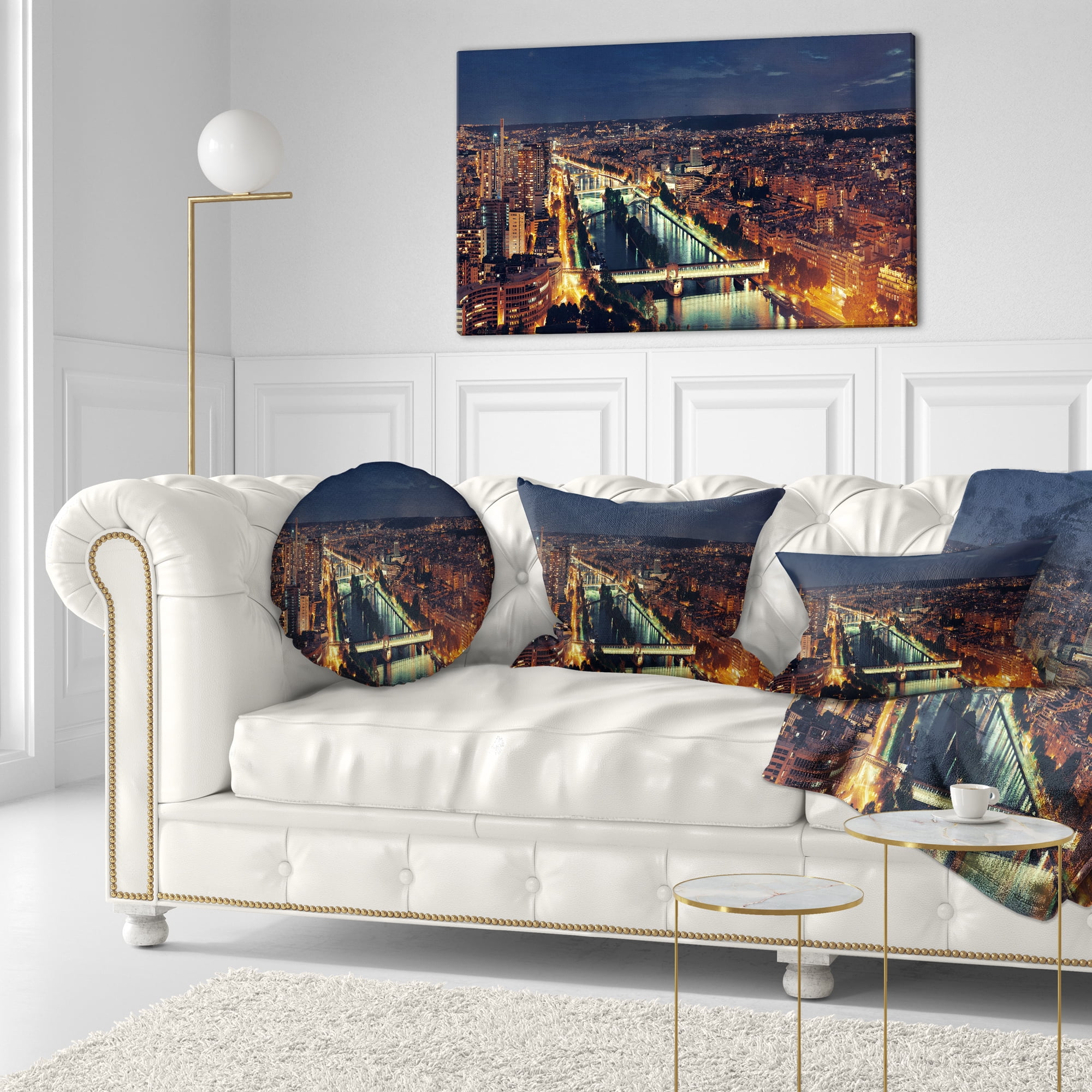 Designart Paris City Night Skyline - Cityscape Photo Throw Pillow - 12x20