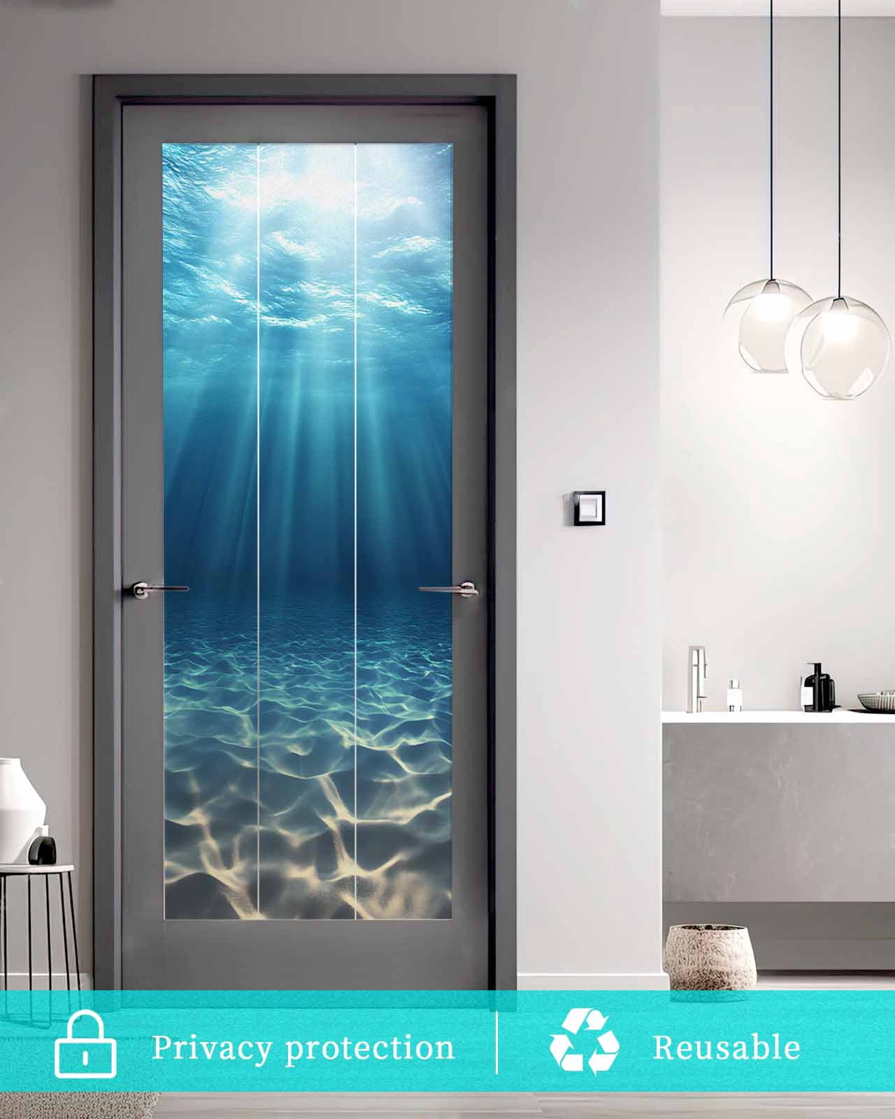 Window Privacy Film Ocean Blue Stained Glass Window Film Decorative Sun Block Window Cover Underwater Sun Light Coastal Sea Scenery Window Clings Static Adhesive Sticker for Bathroom 23.6"x59"