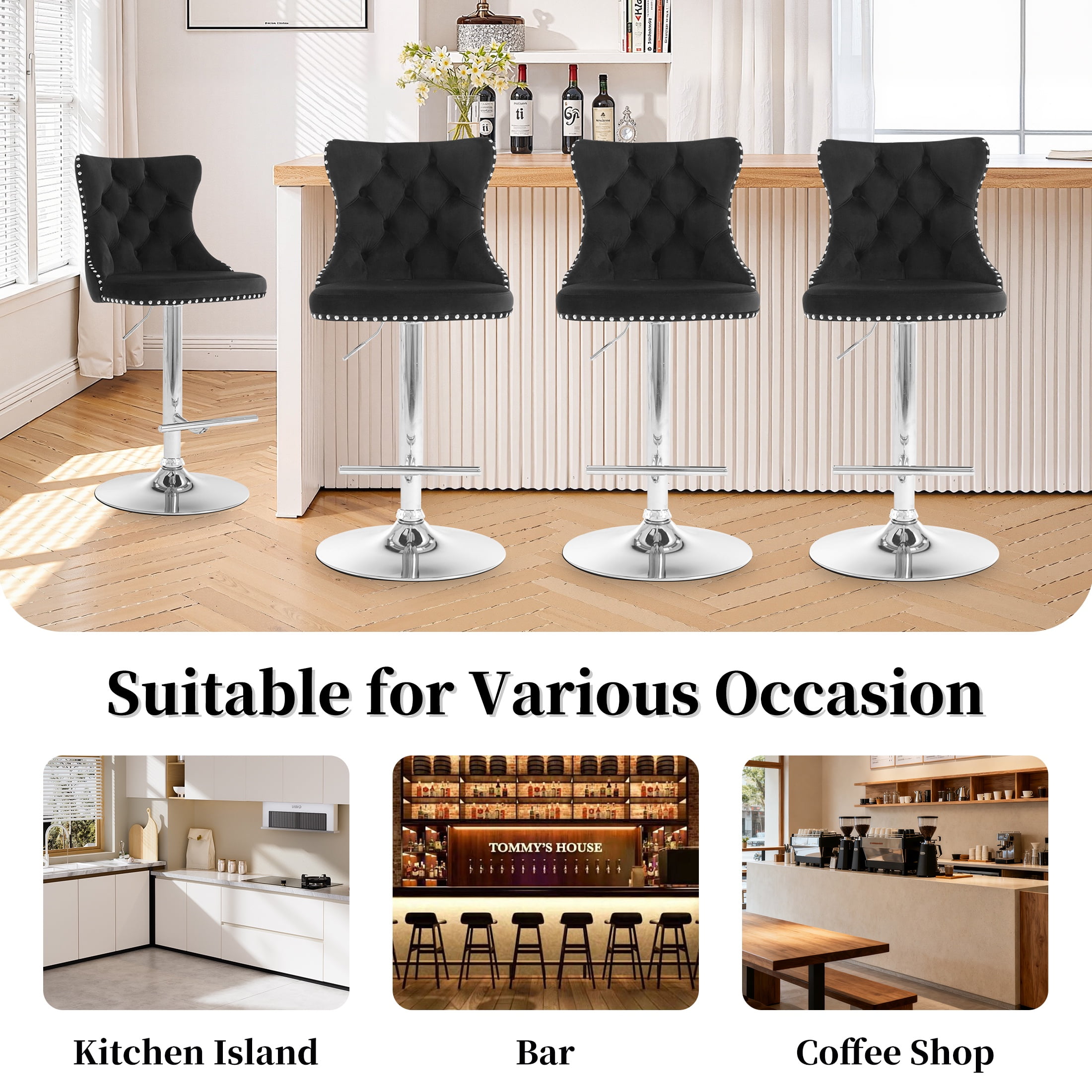 PAPROOS Bar Stools Set of 4, 360°Velvet Swivel Barstools with Backs, Chrome Base, Adjustable Seat Height from 25-33 inch, Counter Height Bar Chairs for Kitchen Island, Home Bar, Black