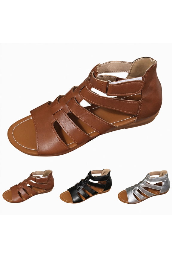 Women's Sandals Gladiator Strappy Flat Ankle Boots Comfortable Beach Wide Width Open Toe Breathable Shoes for Dressy Summer Brown Size 7.5
