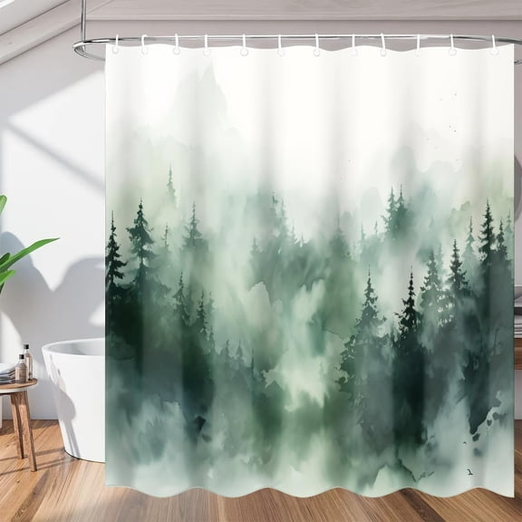 Foggy Mountain Pine Woodland Shower Curtain, Waterproof Fabric Shower Curtain, Washable Polyester Bath Curtain for Bathroom Decor 36"W X 72"H