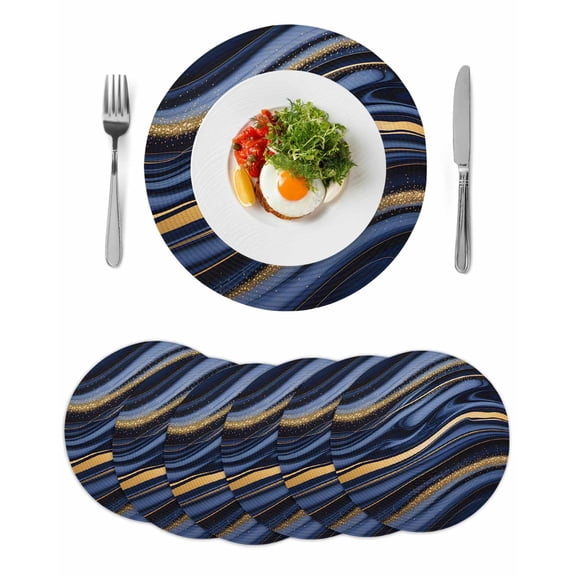 Marble Round 15 Inch Placemats Set of 6, Navy Blue Modern Abstract Gold Gradual Art HeatResistant Non Slip Place Mats for Dining Table, Wipeable Braided Kitchen Table Mats for Housewarming
