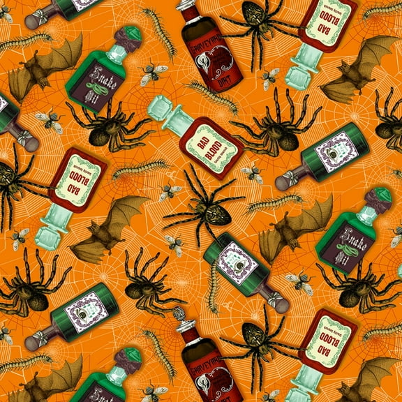Timeless Treasures Bad Blood Poison Bottles Orange Fabric by The Yard