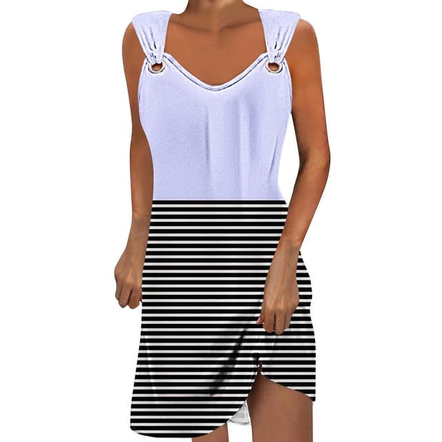 Vestido de Verano para Mujeres sin Mangas Estilo de Bolsillo con Cuello en V, Color Sólido Y Cómodo Vestido de Verano Casual