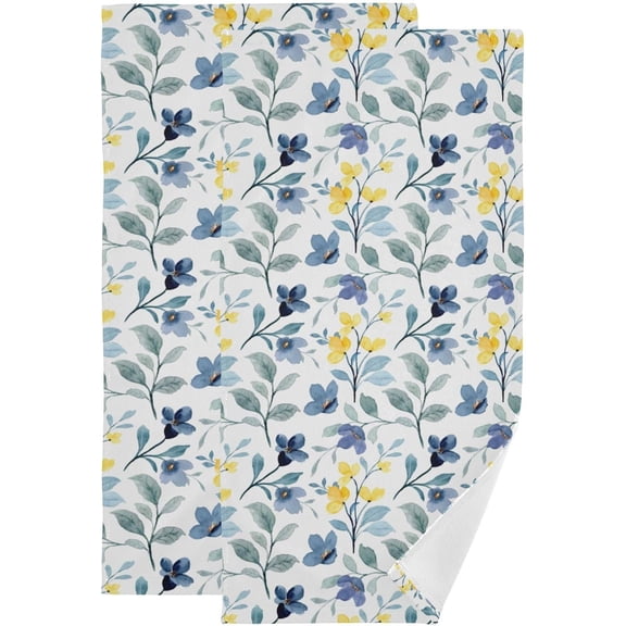 Vintage Navy Yellow Flower Hand Towels for Bathroom Set of 2 Watercolor Blue Leaves Face Towels Microfiber Leaf Kitchen Towels Decorative Bathroom Towel for Hair Gym Shower Guest 14" x 28"