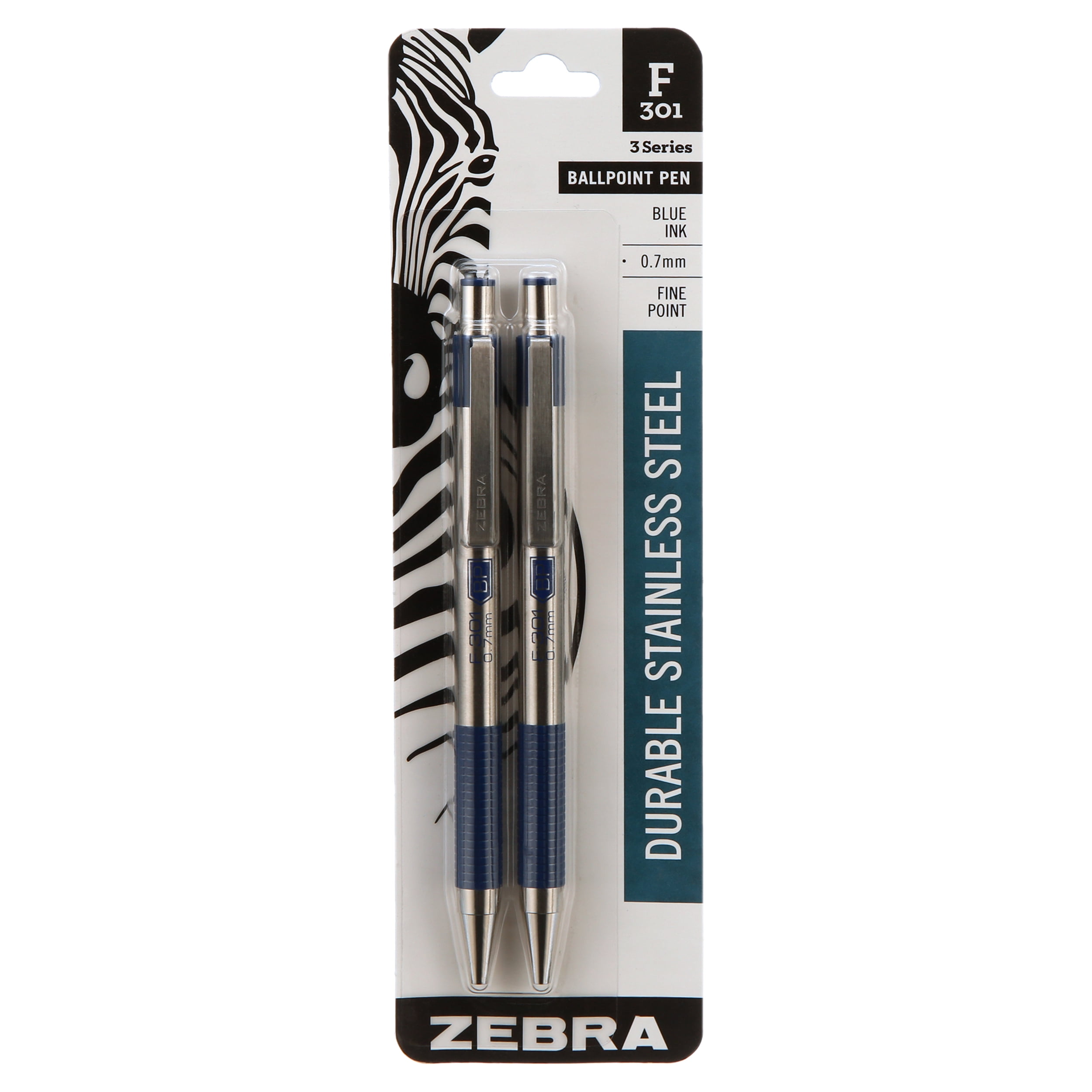Zebra F 301 Ballpoint Stainless Steel Retractable Pen 0 7mm Blue Ink 2 Pack Walmart Com Walmart Com