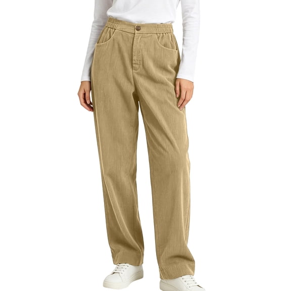 Vynhevius Women's Corduroy Straight Leg Pants Elastic Waist Pockets Long Trousers