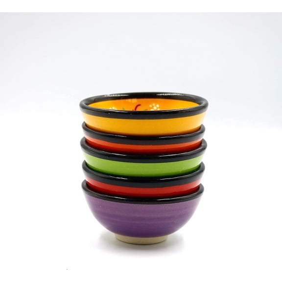 YUYAN-Ali Mini Small Ceramic Colorful Dipping Sauce Bowl Set of 5 - Fruit, Breakfast Cup, Olive, Cheese, Jam, Tomato, Chips, BBQ, Ketchup, Nut - 3.14 Inches Diameter