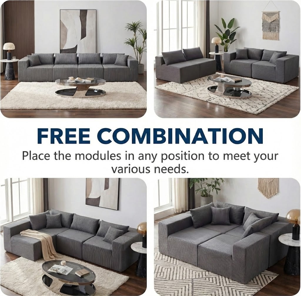 Xiweot 104” Modular Sectional Sofa, 4 Piece L Shaped Sectional Sofa & Floor Couch, Corduroy Foam Filled Compressed Sectional Couch for Living Room, Bedroom (Grey)