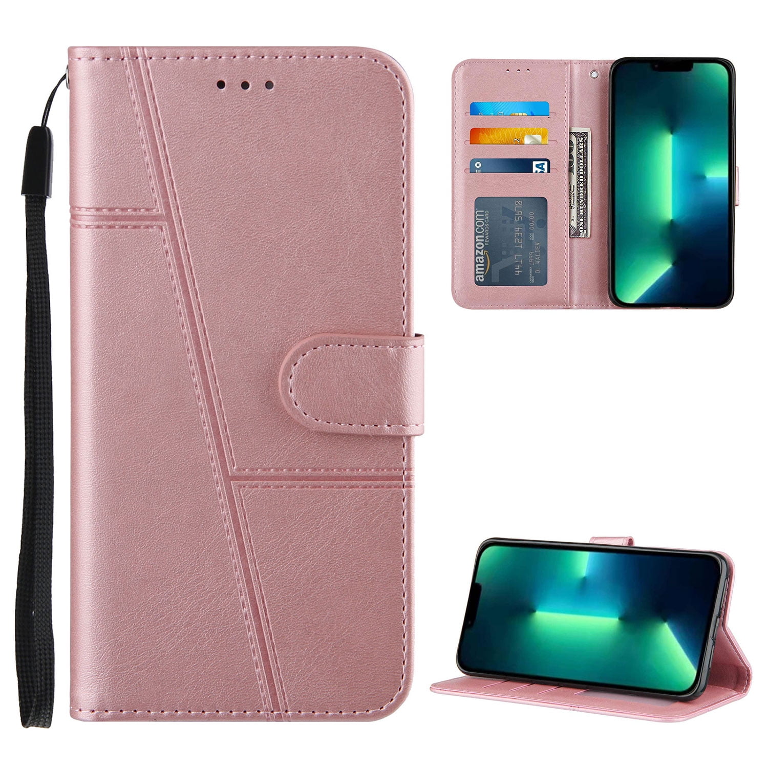 Compatible with Samsung Galaxy A55 Classic Wallet Case, and Lanyard PU Leather Flip Card Slots Holder Kickstand Cell Accessories Phone Case Cover for Samsung Galaxy A55 for Women Men, Rosegold