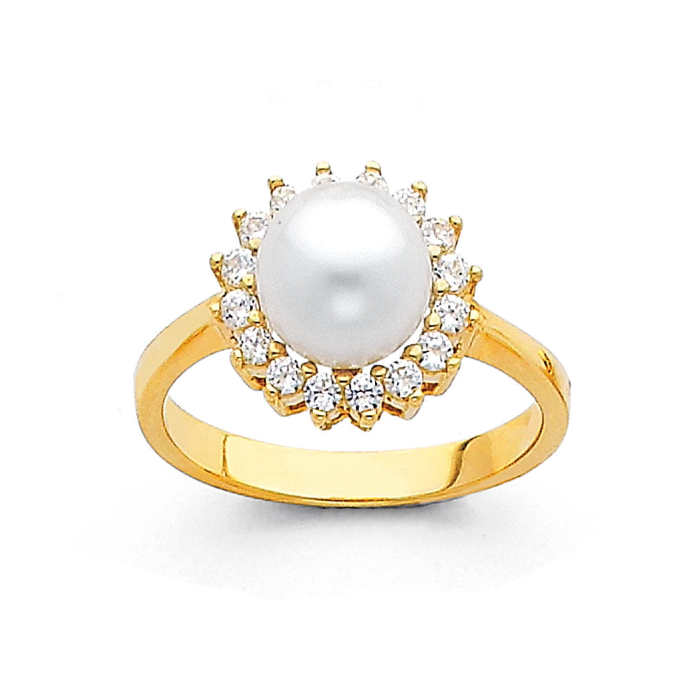 Jewels By Lux 14K White Gold Pearl & Cubic Zirconia CZ Fashion Anniversary Ring 