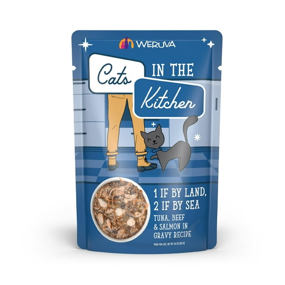 Weruva Cats in The Kitchen, 1 if by Land, 2 if by Sea with Tuna, Beef & Salmon in Gravy Cat Food, 3oz Pouch (Pack of 12)