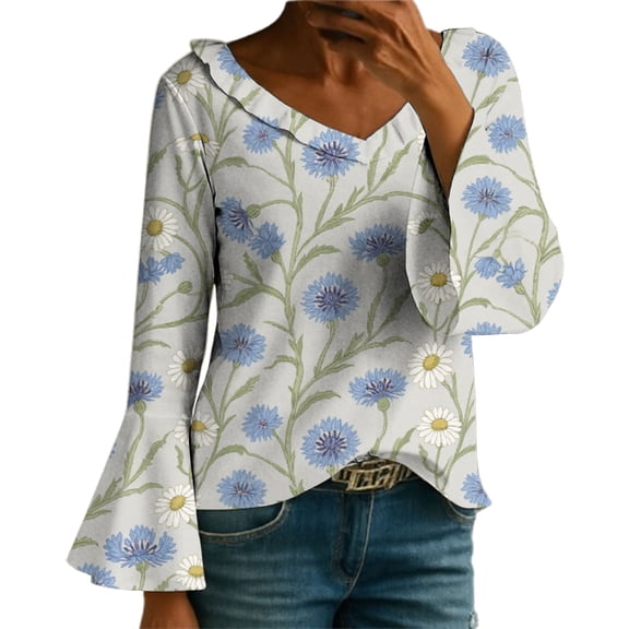 MEICHEN Long Sleeve Shirts for Women Crewneck Sexy Basic T Shirts Casual Fall Flower Printing Slim Fit Women's Tops