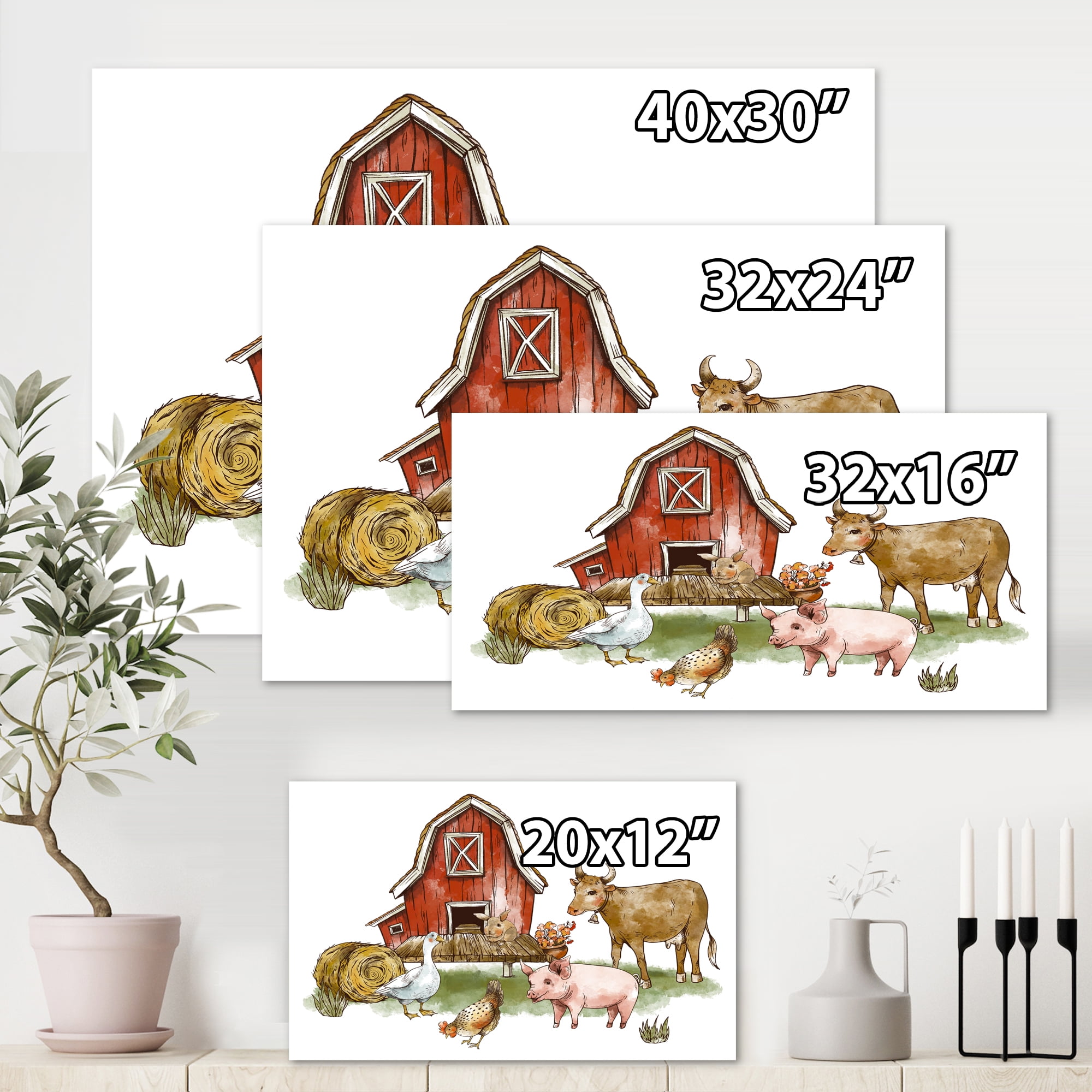 Designart ' Farm House With Goose Cow Pig Chicken and Haystack ' Rustic  Canvas Wall Art Print