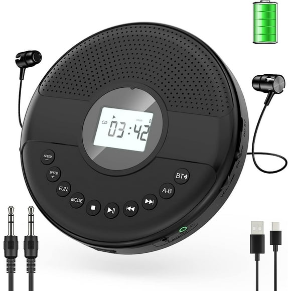 Reproductor de CD portátil con Bluetooth, 1500 mAh, recargable, reproductor de CD personal con altavoz, pantalla LCD, botón con luz, protección antisaltos, Walkman