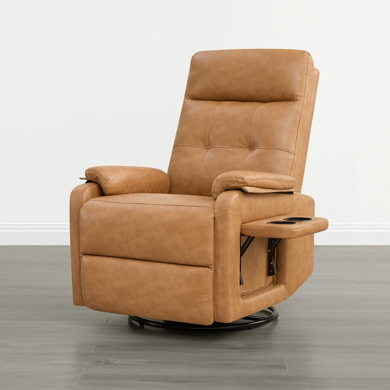 Spruce & Spring Manual Swivel Recliner Chair with Storage Pocket & Cup Holders for Living Room & Bedroom, Saddle Brown Faux Leather