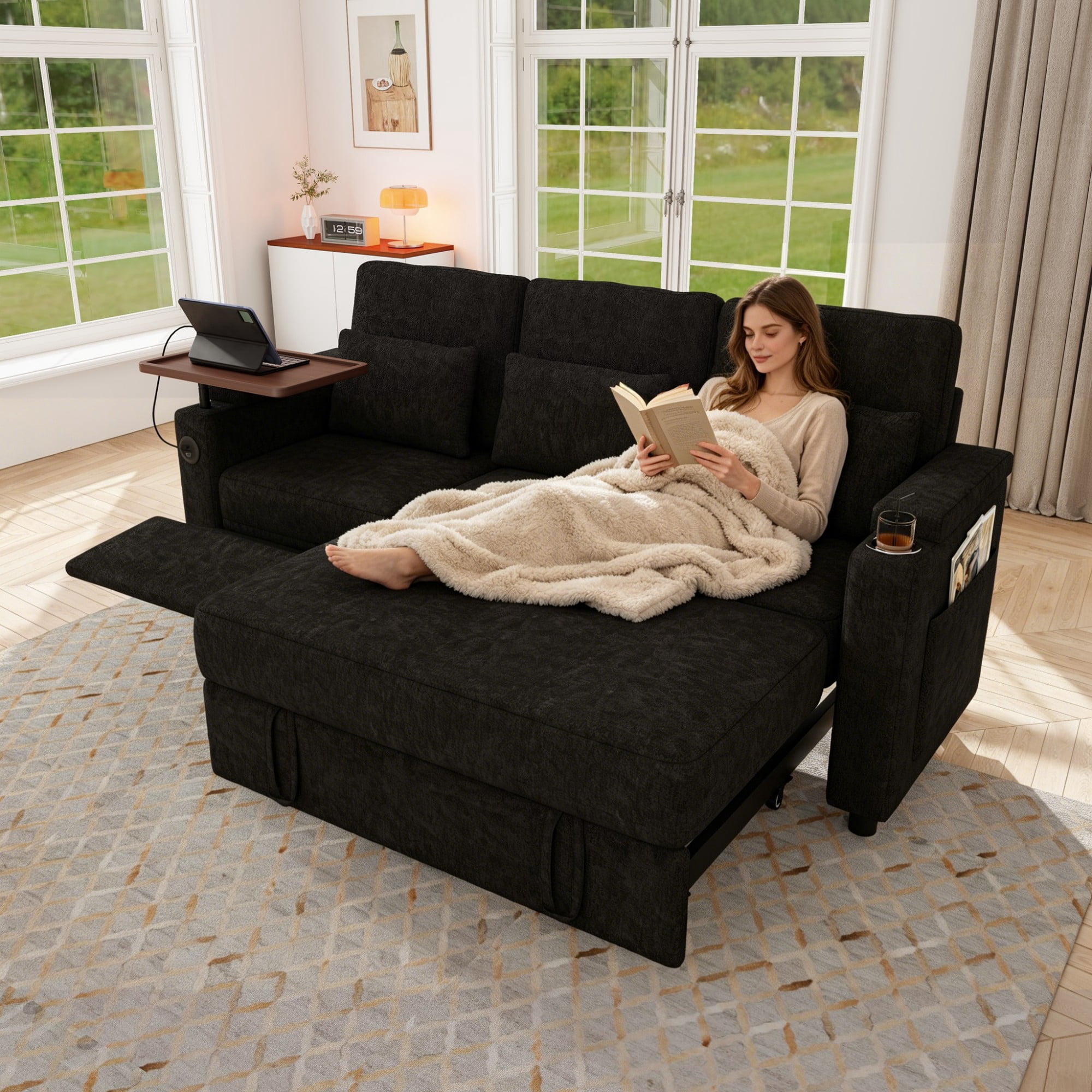 DEALTOPS 81" Chenille Pull-Out Sleeper Sofa Bed with Recliner, Tray Table, USB Ports & Storage, Black
