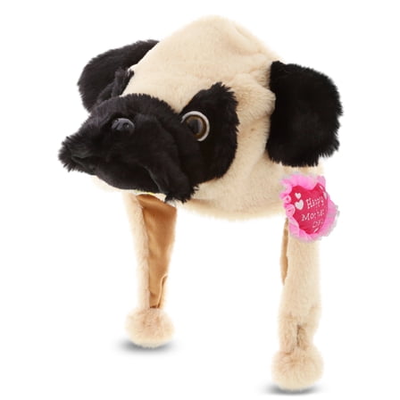 DolliBu Happy Mother's Day Super Soft Pug Dog Plush Hat - Cute Stuffed Animal with Pink Heart Message for Best Mommy, Grandma, Wife, Daughter - Cute Farm Life Plush Toy Gift - 16.5 Inches