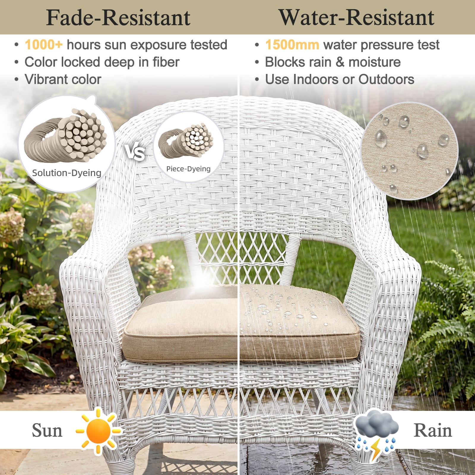 BPS 21" x 21" Outdoor Dining Chair Cushion, Water Resistant Patio Seat Cushion Pads with Ties, Set of 4 - Brown