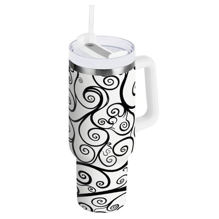 

40 Oz Car Handle Water Cup 10.8x3.85 Inch Stainless Steel Water Cup With Handle Water Cup Car Water Cup Travel Coffee Cup Black Line Flower