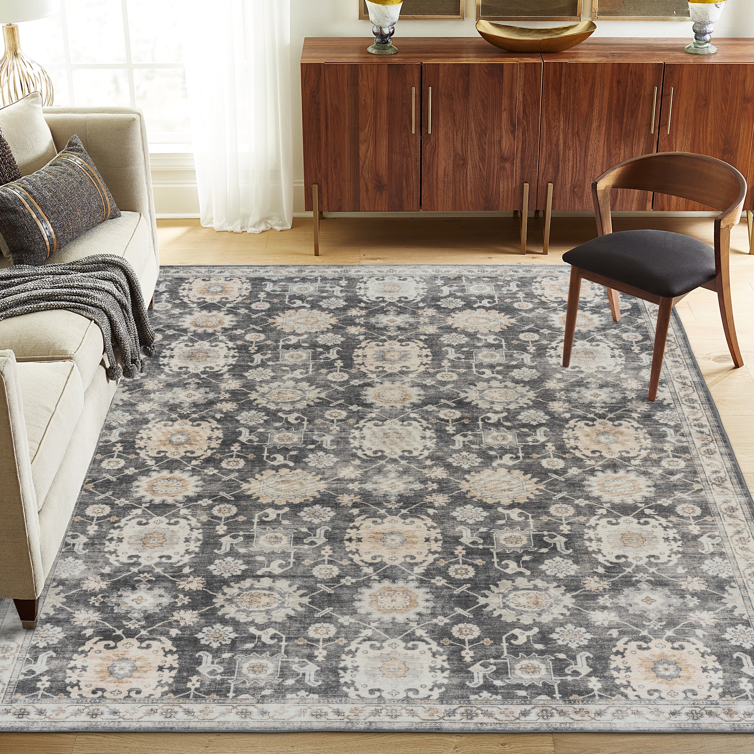 ReaLife Machine Washable Rug - Stain Resistant, Non-Shed - Eco-Friendly, Padded, Family & Pet Friendly - Made from Premium Recycled Fibers - Bryn Vintage Distressed- Gray Beige Ivory - 3' x 5'