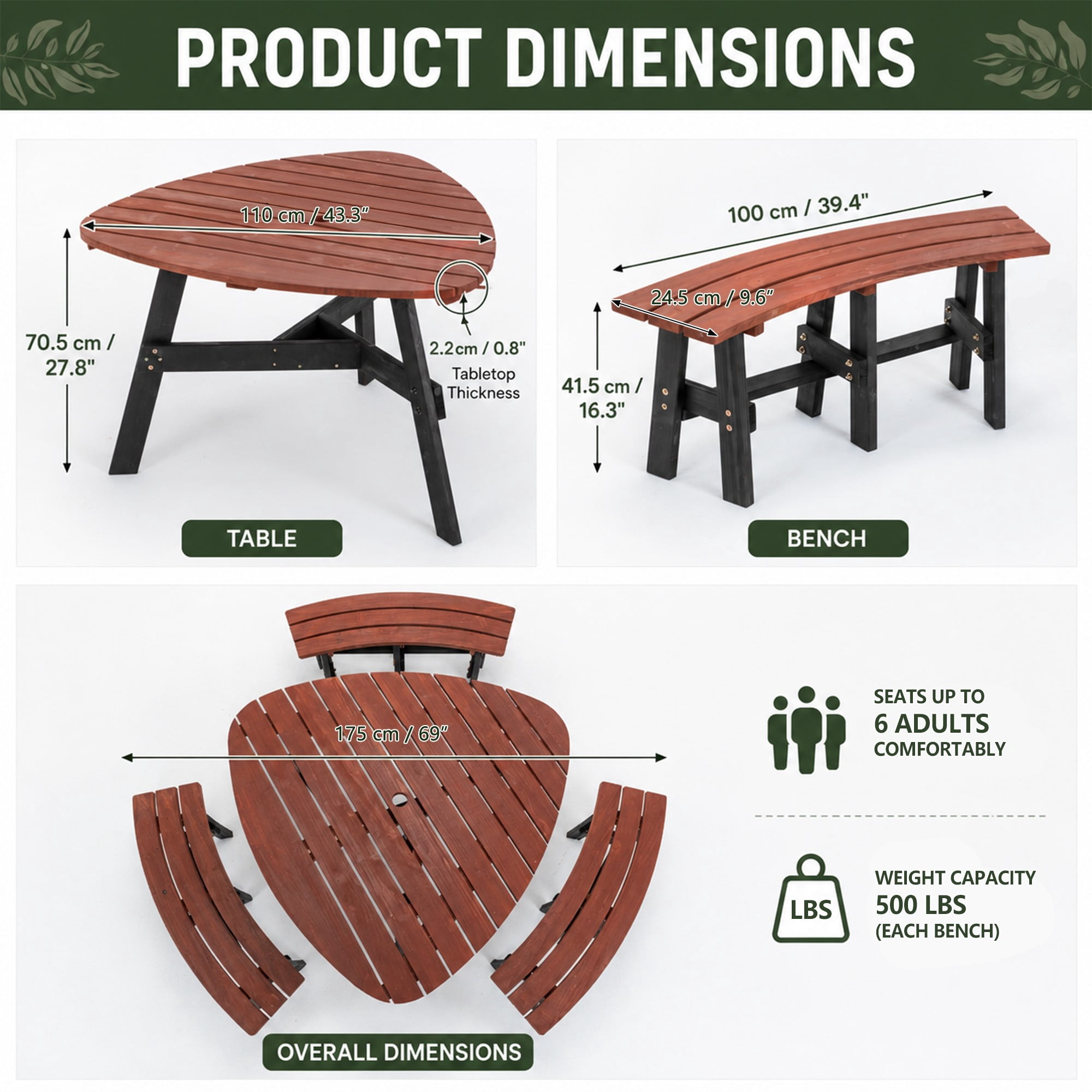 DEALTOPS 6-Person Solid Wood Triangular Picnic Table Set with 3 Benches & Umbrella Hole, Brown & Black