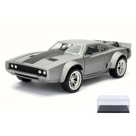 Diecast Car & Display Case Package - Dom's Ice Charger F8 Fate of Furious, Gun Metal - Jada 98427 - 1/24 Scale Diecast Model Toy Car w/Display