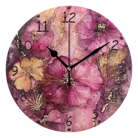 Pink and Gold Floral Round Wall Clock Silent Battery Operated Home Decor for Living Room Bedroom
