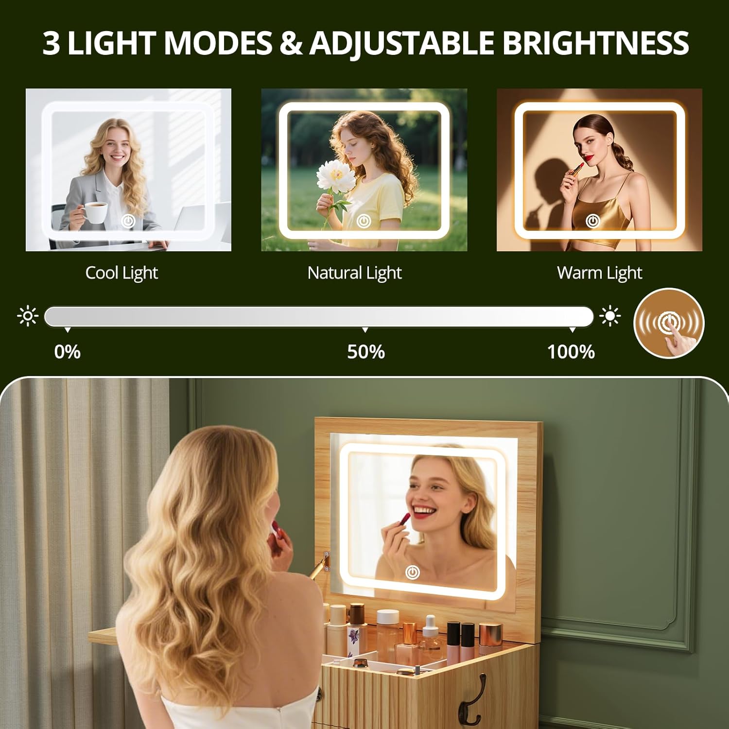 SELOOYE 3-in-1 Vanity with Flip Mirror & Lights, Fluted Compact Vanity Table with 3 Drawers, Storage Compartment and Rolling Stool, Modern Small Makeup Vanity for Bedroom, Powder Room, Natural Oa