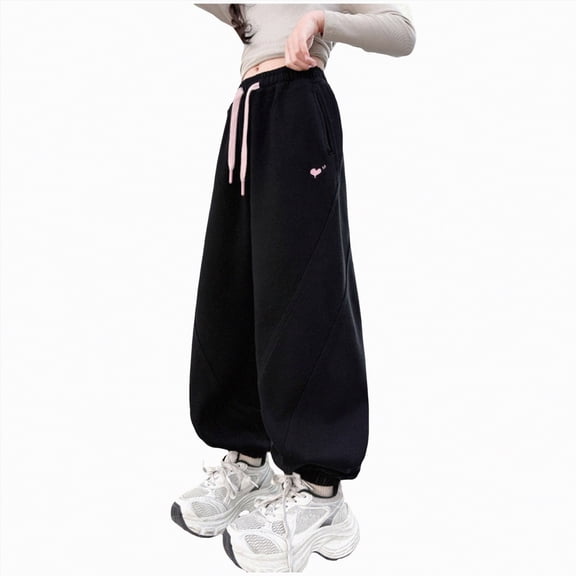 NOLDARES Girls Wide Leg Casual Sweatpants with Pockets - Lounge High Waist Pants Drawstring Kids Teen(Black,10-11 Year)