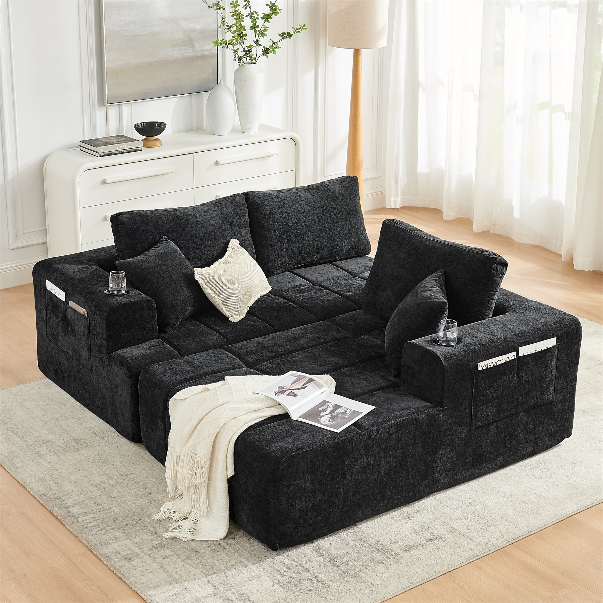 Aukfa 108" Cloud Sectional Sofa, Deep Seat Modular L-Shape Boneless Couch with 2 Cup Holders & Side Pockets, Right Chaise, Chenille, Black