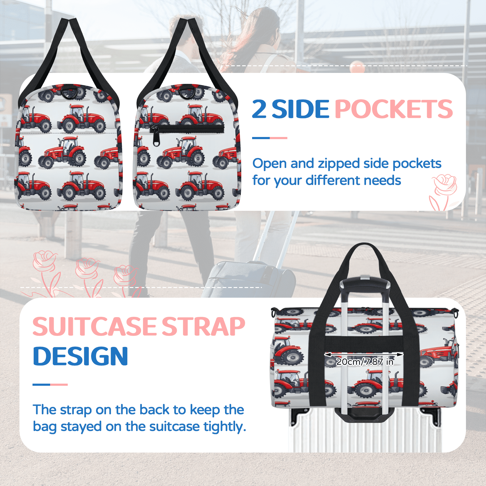 Herdesigns Truck Travel Duffle Bag Sports Yoga Weekender Overnight Carry on Workout Bags Lightweight Waterproof Gym Tote Bag for Women Red