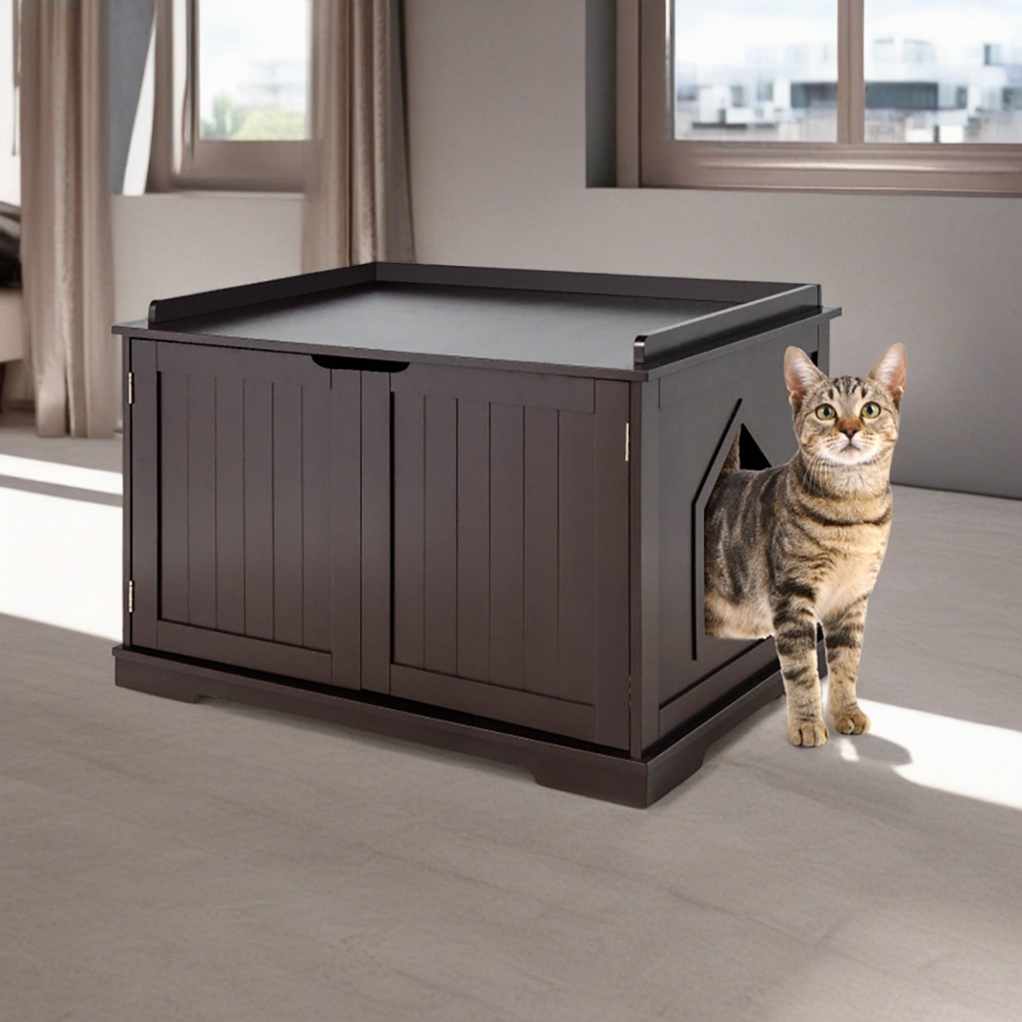 Kadyn 29" Cat Litter Box Enclosure with Double Doors for Large Cat and Kitty, Hidden Cat House Washroom Furniture, Brown