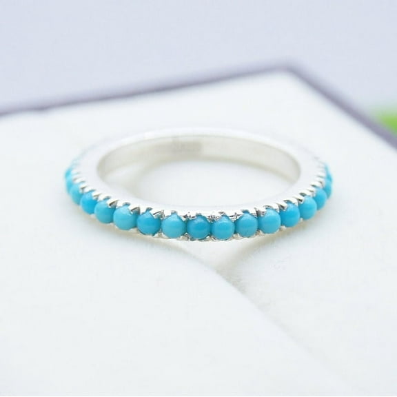 Turquoise Wedding Band, Sterling Silver Band, Turquoise Full Eternity Band, Stacking Band, Birthstone Dainty Jewelry, Anniversary Gift,