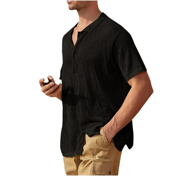 WREESH Men's Knitted Casual Solid Color Button Down Shirts Short Sleeve Top with Turndown Collar for Versatile Style Black