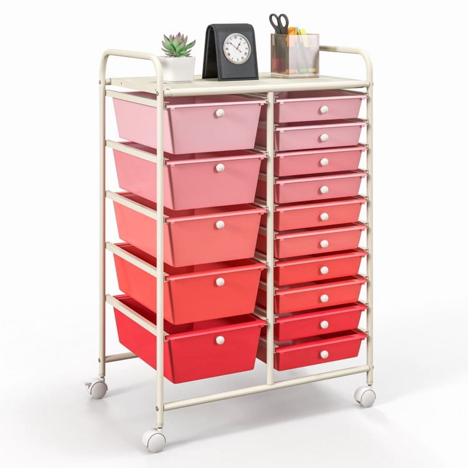 Demi Bonn 15-Drawer Utility Rolling Organizer Cart Multi-Use Storage with 4 Universal Casters, Gradient Pink