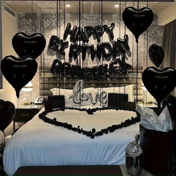 218pcs Black 16.0 Inch Birthday Balloons with Black Heart-Shaped Aluminum and Silvery Love Balloons, Including Black Petals - Perfect for Birthday Parties and Romantic Celebrations