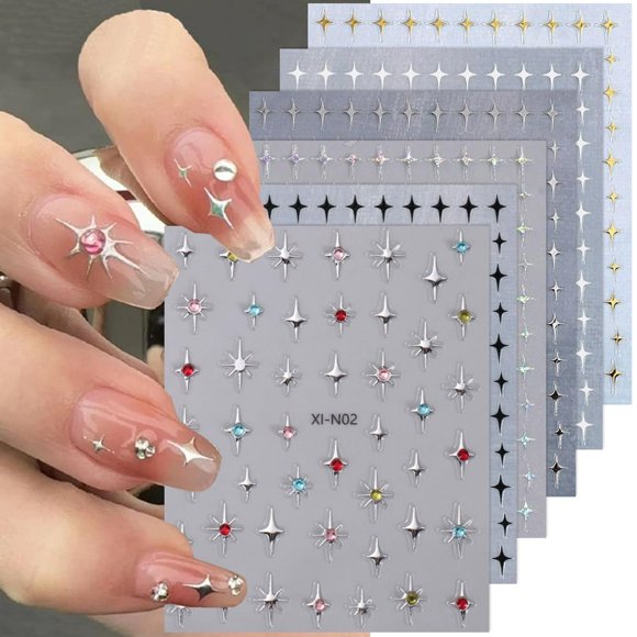 HLONK 6 Sheets Star Nail Stickers for Nail Art  3D Glitter Shiny Gold Silver White Black Stars Nail Art Design Decals Self-Adhesive Star Stickers DIY Nail Decals Nail Tips for Manicure De
