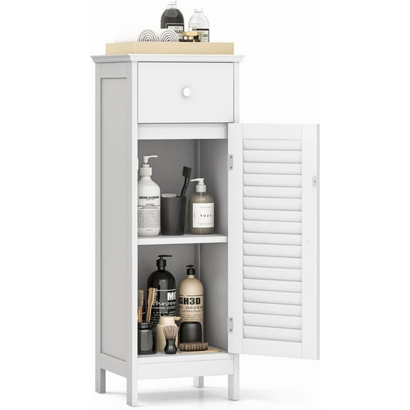 YEXJ Bathroom Storage Cabinet, Single Door Slim Storage Organizer w/Drawer & Adjustable Shelf, Freestanding Narrow Floor Cabinet for Bedroom Living Room Entryway Hallway (White)