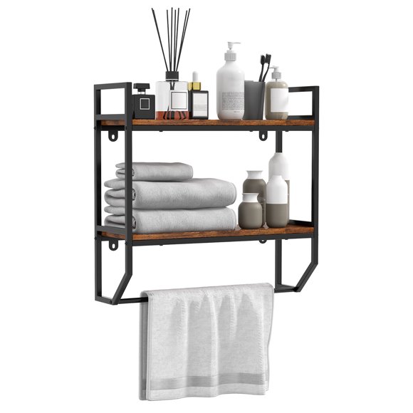 Gymax Wall Mounted Bathroom Shelf Industrial 2-Tier Storage Rack w/ Towel Bar Kitchen