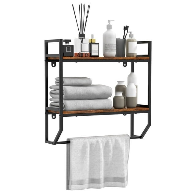 Gymax Wall Mounted Bathroom Shelf Industrial 2-Tier Storage Rack w/ Towel Bar Kitchen