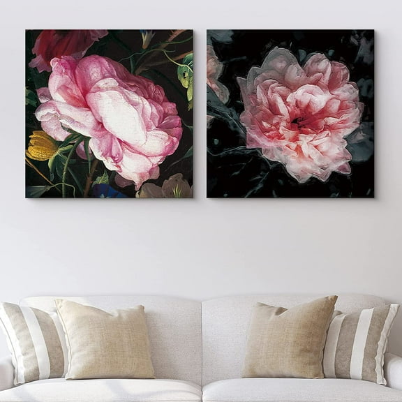 PixonSign Canvas Print Wall Art Italian Master Textured Pink Rose Duo Floral Wilderness Illustrations Fine Art Romantics Closeup Relax/Calm Ultra for Living Room, Bedroom, Office - 24"x24" x 2