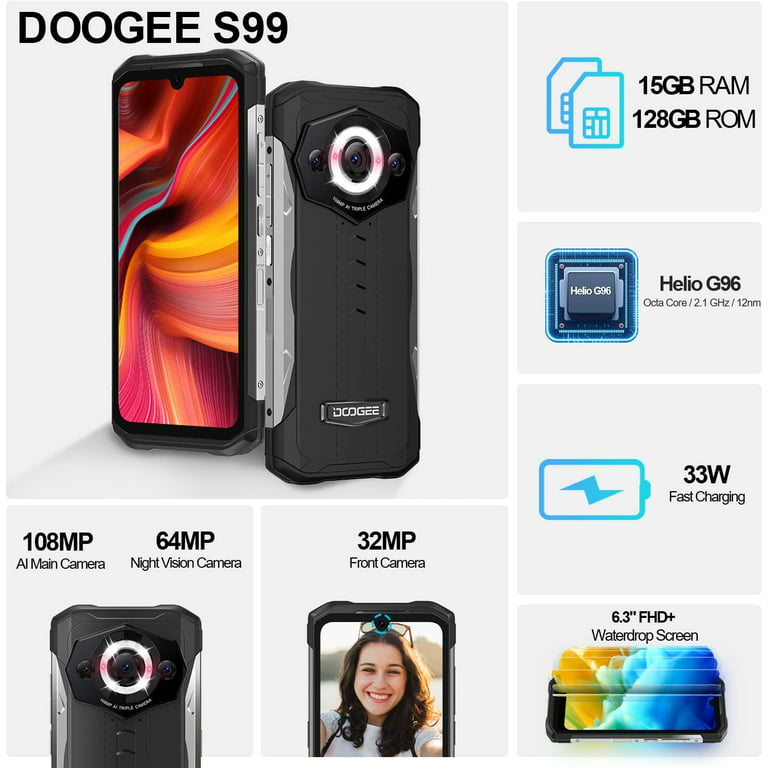 DOOGEE S99 (2023) Rugged Smartphone, 15GB+128GB Unlocked, 108MP Triple  Camera, 64MP Night Vision, 6.3 FHD+ IP68 Waterproof Phones, Dual 4G Rugged  Cell Phone, 6000mAh Battery 