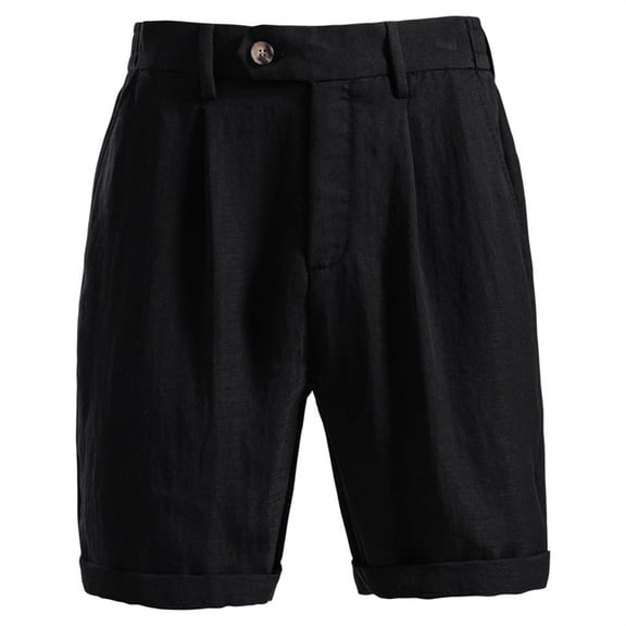 Business Casual Men's Cotton Linen Shorts Button Waist Solid Color Work Golf Short Pants with Pocket Father's Gift