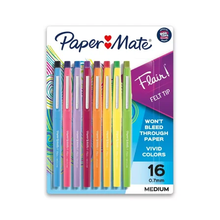Flair 16pk Felt Tip Pens 0.7mm Medium Tip Multicolor: Colored Pens, Quick Drying, Fade-Resistant, Contoured Grip