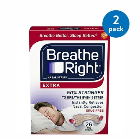 (2 Pack) Breathe Right Nasal Strips to Stop Snoring, Drug-Free, Extra Tan, 26