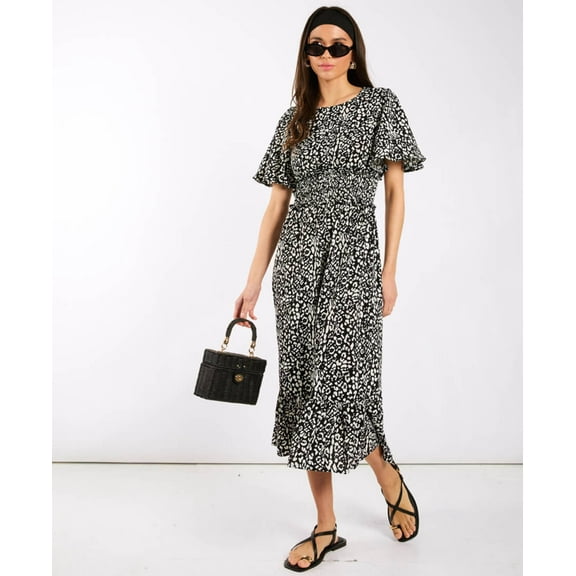 Black Animal Smock Waisted Midi Dress