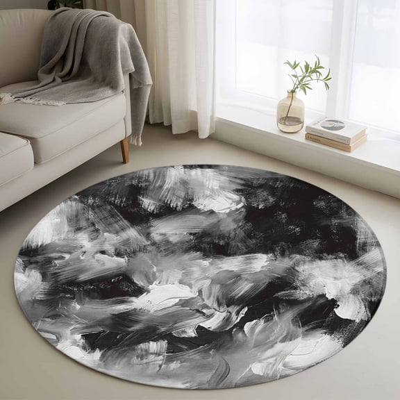 Abstract Black Grey Round Area Rug 4Ft Washable Circle Rugs for Bedroom Dining Room, Vintage Shabby Geometric Textured Non-Slip Carpet Floor Mats Indoor Outdoor Carpet Runner Aesthetic Home Decor
