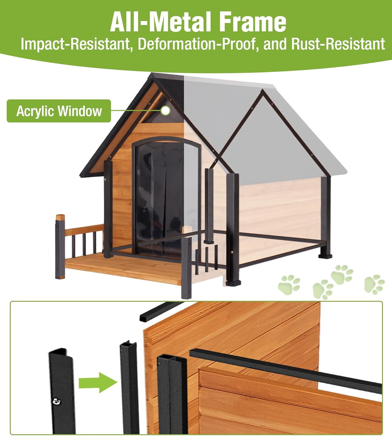 Aivituvin Large Dog House Outdoor Weatherproof with Porch, All-Metal Frame Chew-Proof Dog Kennel with Asphalt Roof, for Small Medium Large Dogs