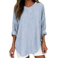 thumbnail image 2 of Pxiakgy Women's Striped Shirt Long Sleeve Notched Crew Neck Button Down Casual Blouse Tops Linen Shirts for Women 2025 Trendy Summer Long Sleeve Tops Dressy Casual Loose Boho Cute Blouses Blue L, 2 of 4
